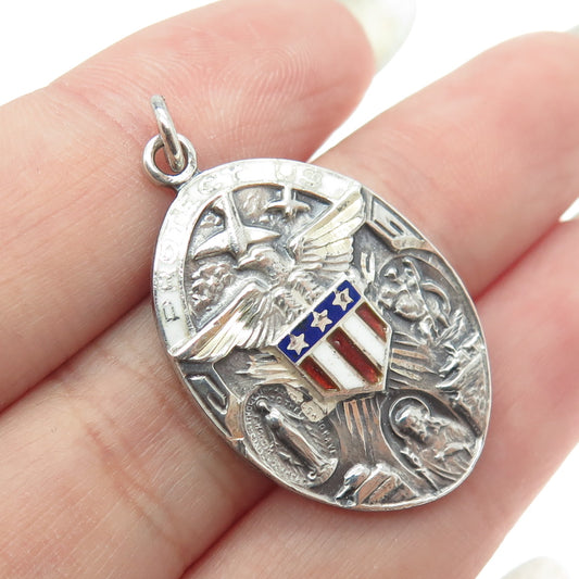 925 Sterling Silver Antique WWII Enamel US Air Force Religious Medal Pendant