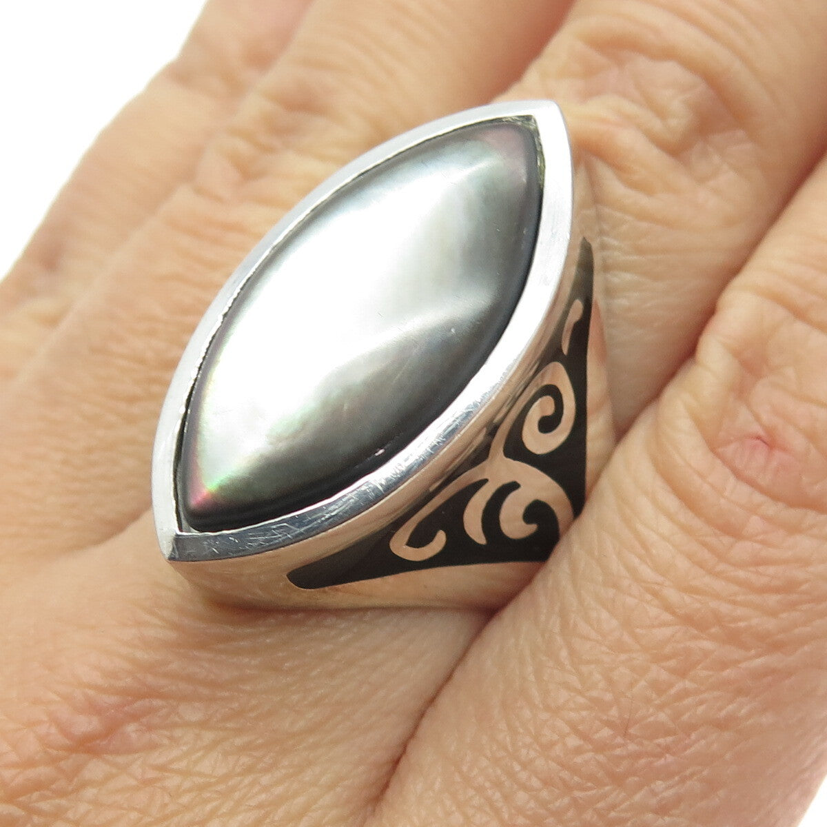 FLLI MENEGATTI 925 Sterling Silver Vintage Italy Real MOP & Enamel Ring Size 8