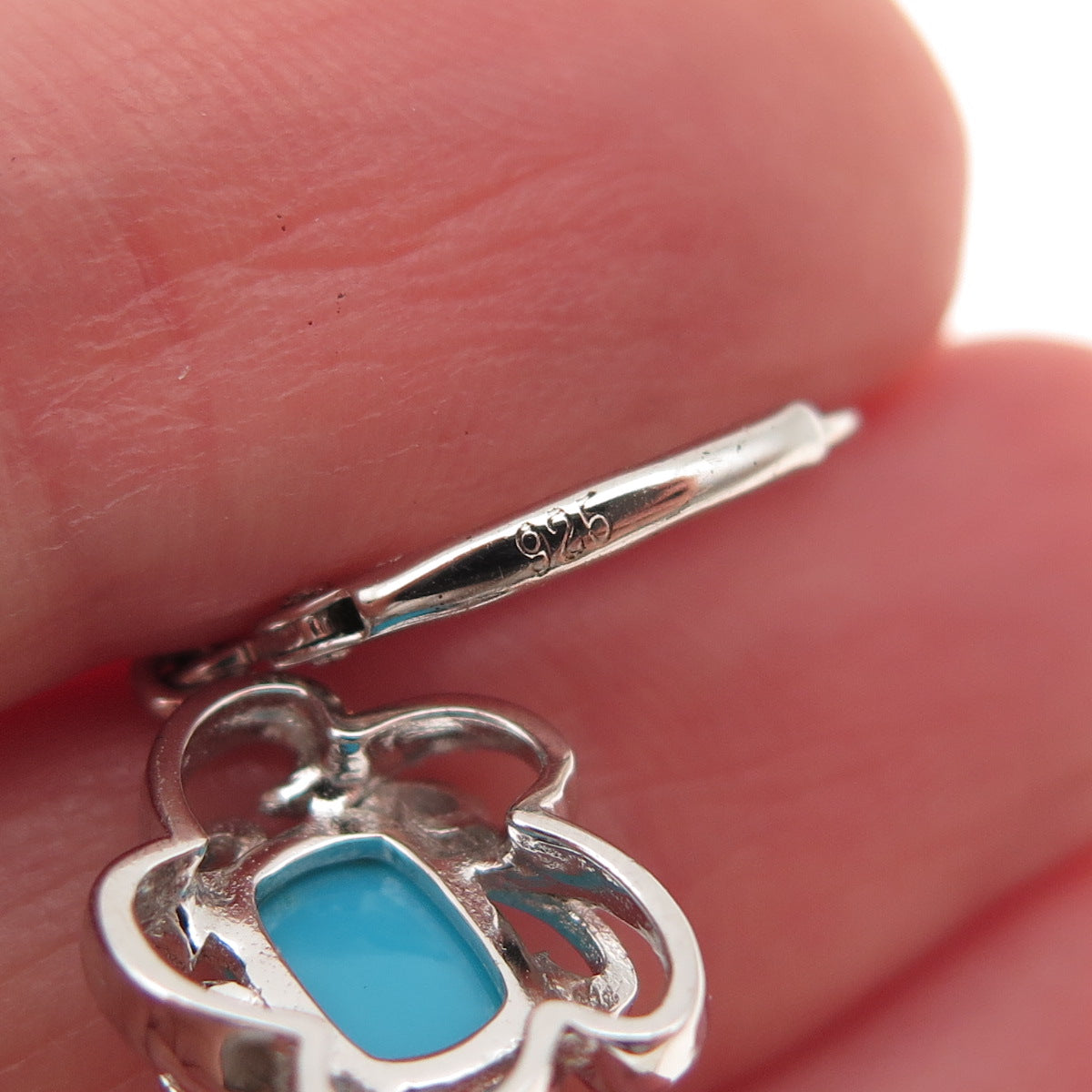 925 Sterling Silver Real Sleeping Beauty Turquoise Floral Dangle Earrings