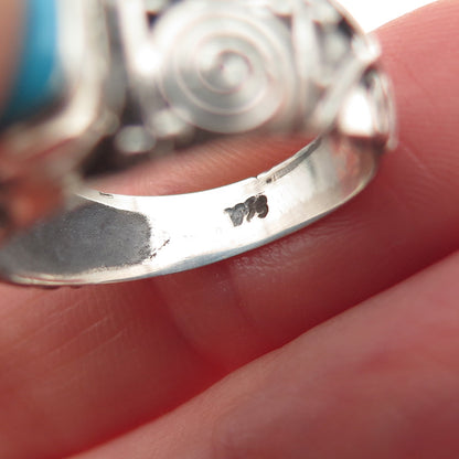 925 Sterling Silver Vintage Real Turquoise Spiral Oxidized Ring Size 6.75