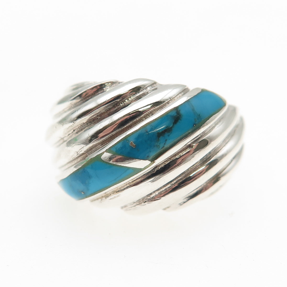 925 Sterling Silver Vintage Real Turquoise Modernist Ribbed Ring Size 9.5