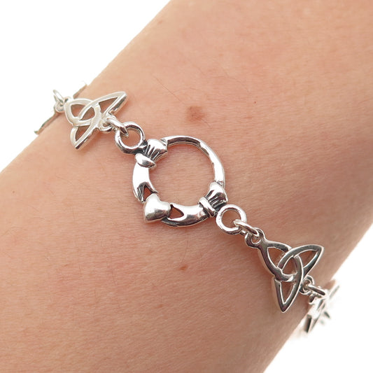925 Sterling Silver Vintage Irish Claddagh Trinity Knot Link Bracelet 7.5"