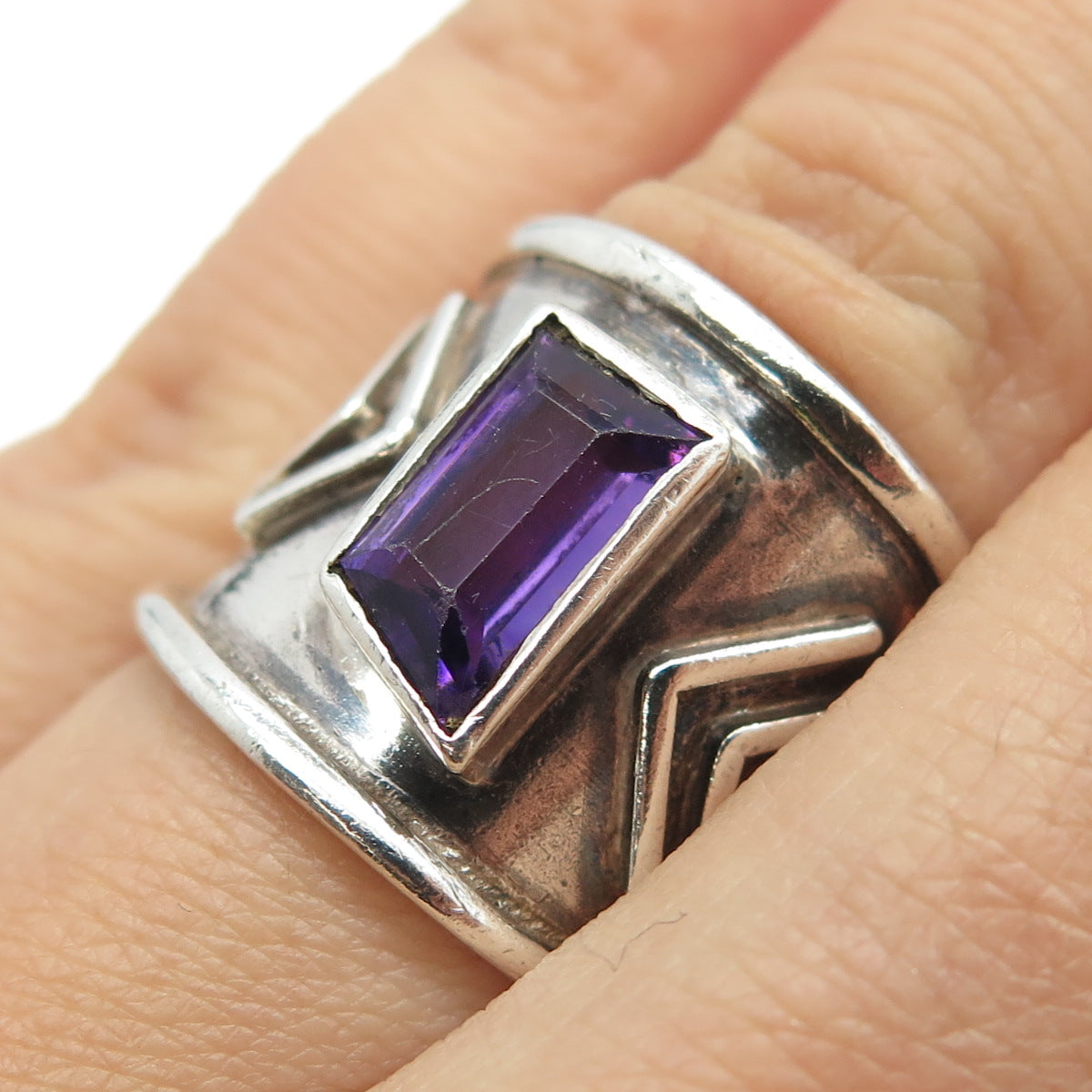 AJR METALS 925 Sterling Silver Vintage Real Amethyst Modernist Arrow Ring Size 6