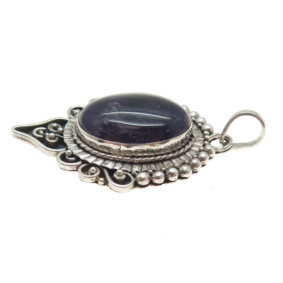 925 Sterling Silver Vintage Real Amethyst Swirl & Beaded Oxidized Pendant