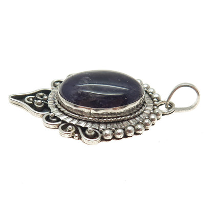 925 Sterling Silver Vintage Real Amethyst Swirl & Beaded Oxidized Pendant