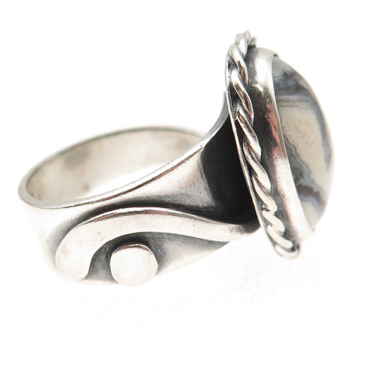 Paul Miller Sterling Silver Vintage Real Agate Modernist Oxidized Ring Size 7.25