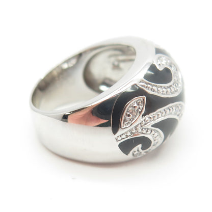 925 Sterling Silver ADI Enamel & White C Z Floral Dome Ring Size 6