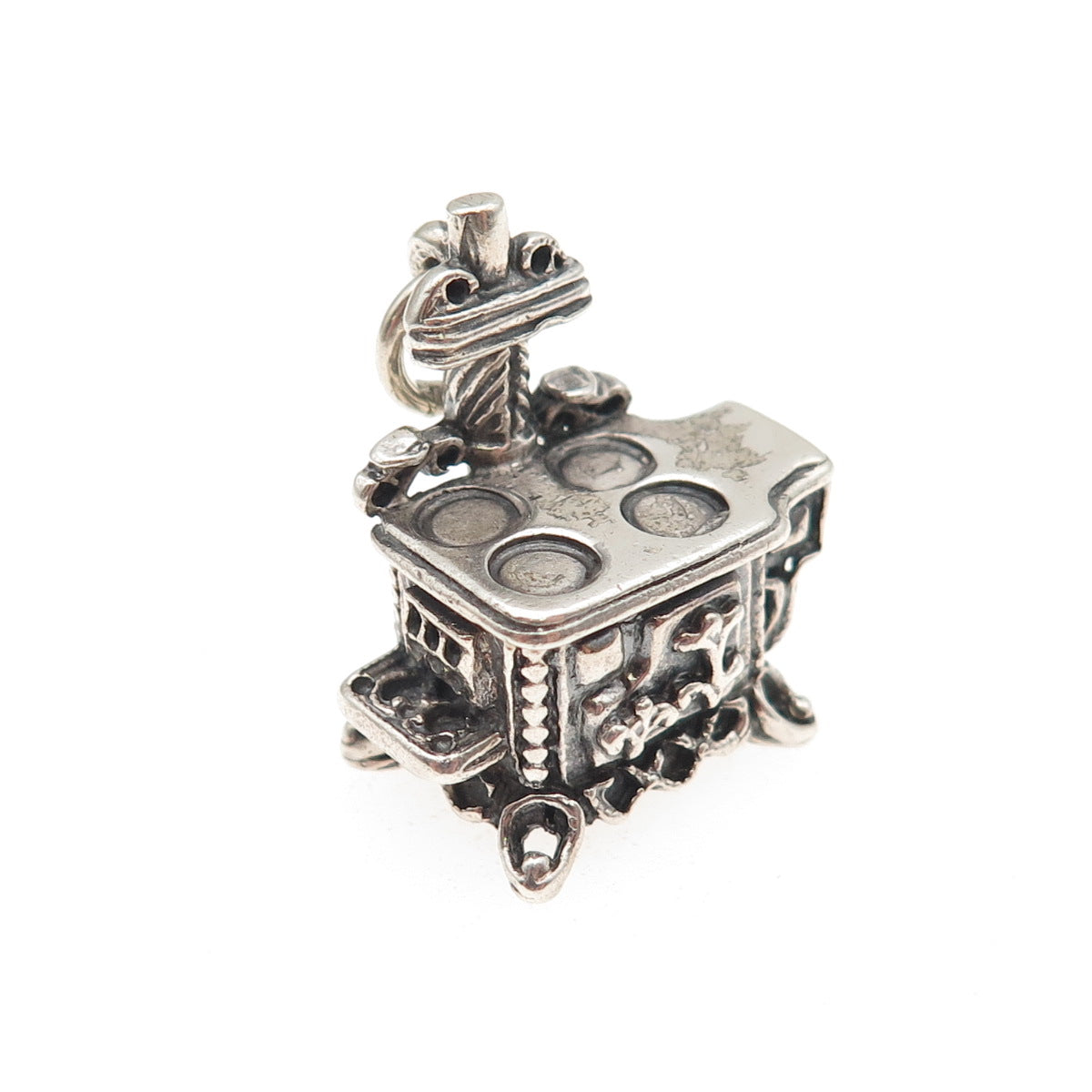 BEAU 925 Sterling Silver Vintage Cook Stove Oxidized 3D Mini Charm Pendant