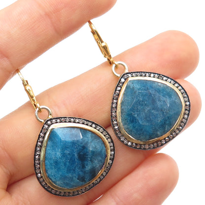 925 Sterling Silver Gold Plated Real Diamond & Apatite Teardrop Dangle Earrings