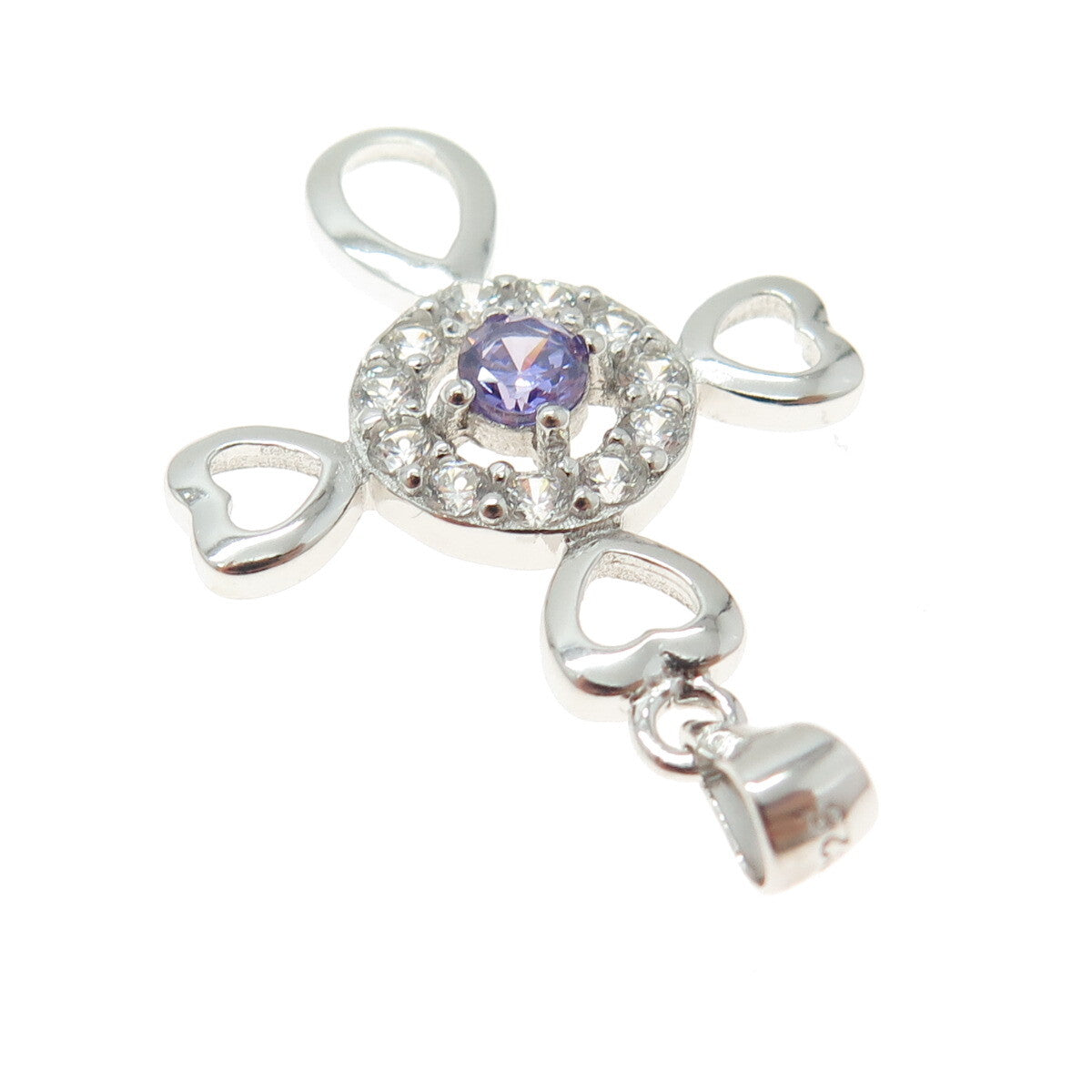 925 Sterling Silver Round-Cut Purple & White C Z Heart Cross Pendant