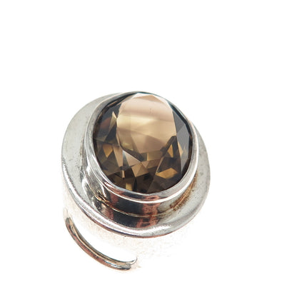 925 Sterling Silver Vintage Real Oval-Cut Smoky Quartz Modernist Slide Pendant