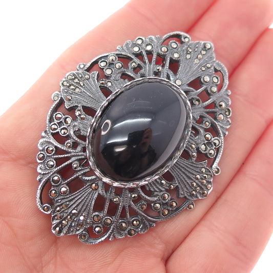 925 Sterling Silver Vintage Black Onyx & Marcasite Pin Brooch (missing 1 stone)