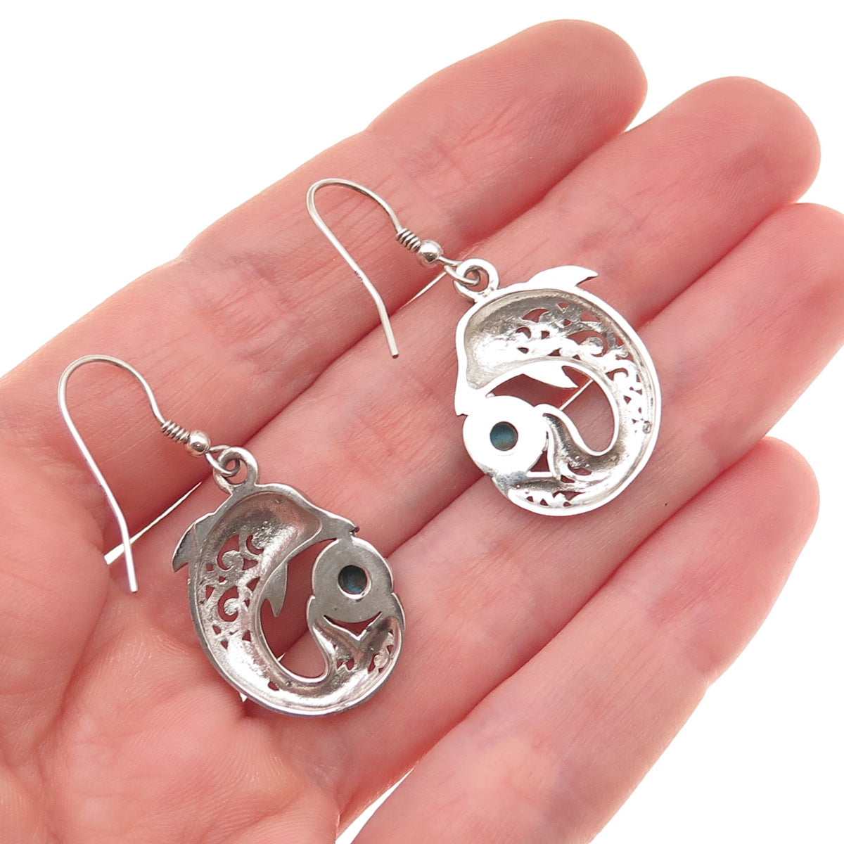 925 Sterling Silver Real Sleeping Beauty Turquoise Dolphin Dangle Earrings