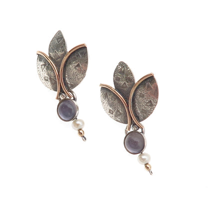 925 Sterling Gold Filled Vintage Real Pearl & Iolite Modernist Floral Earrings