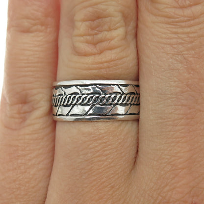 925 Sterling Silver Vintage Modernist Link Band Oxidized Ring Size 7.5