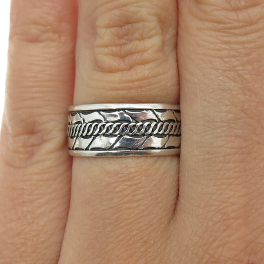 925 Sterling Silver Vintage Modernist Link Band Oxidized Ring Size 7.5
