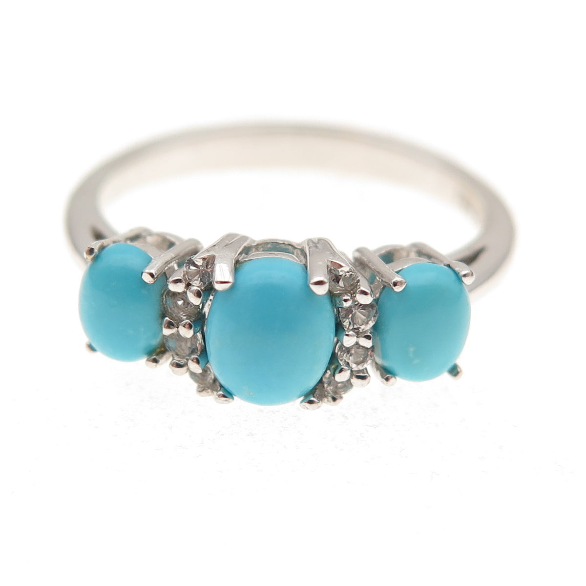 925 Sterling Silver Real Sleeping Beauty Turquoise & White Topaz Ring Size 8