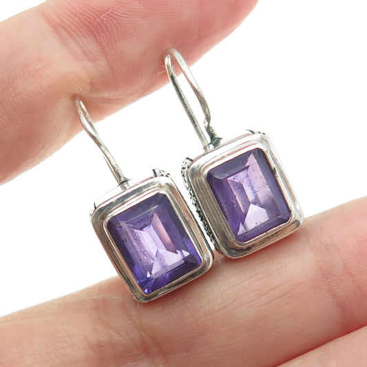 FUSION 925 Sterling Silver Vintage Real Emerald-Cut Amethyst Earrings