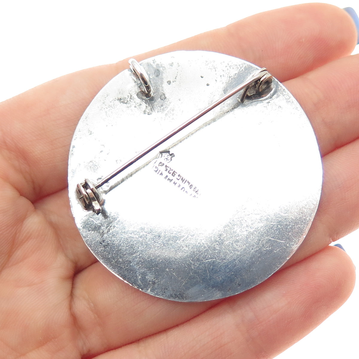925 Sterling Silver Vintage Mexico Aztec Disc Oxidized Pin Brooch / Pendant