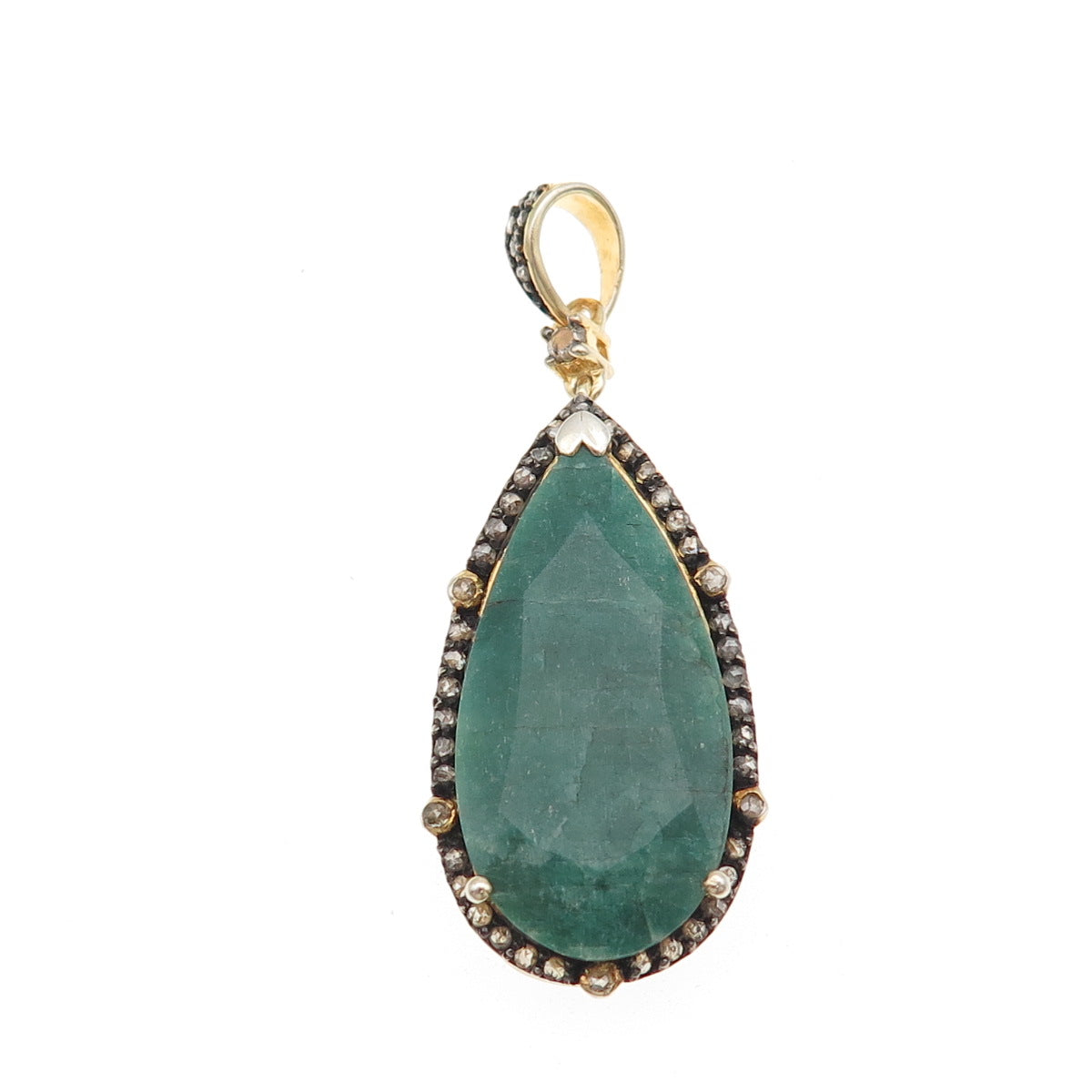925 Sterling Silver Gold Plated Real Diamond & Emerald Teardrop Pendant