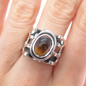 925 Sterling Silver Vintage Mexico Tiger Eye Modernist Oxidized Ring Size 7.25