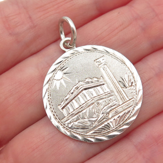 925 Sterling Silver Antique Art Deco Engraved Parthenon Token Charm Pendant