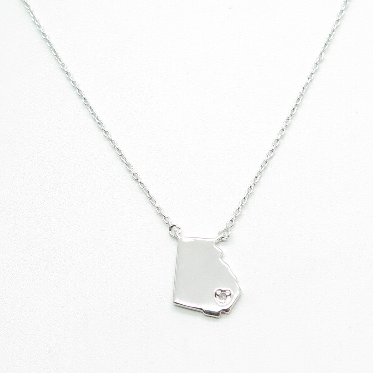SUN 925 Sterling Silver Real Diamond Heart Georgia State Chain Necklace 16-18"
