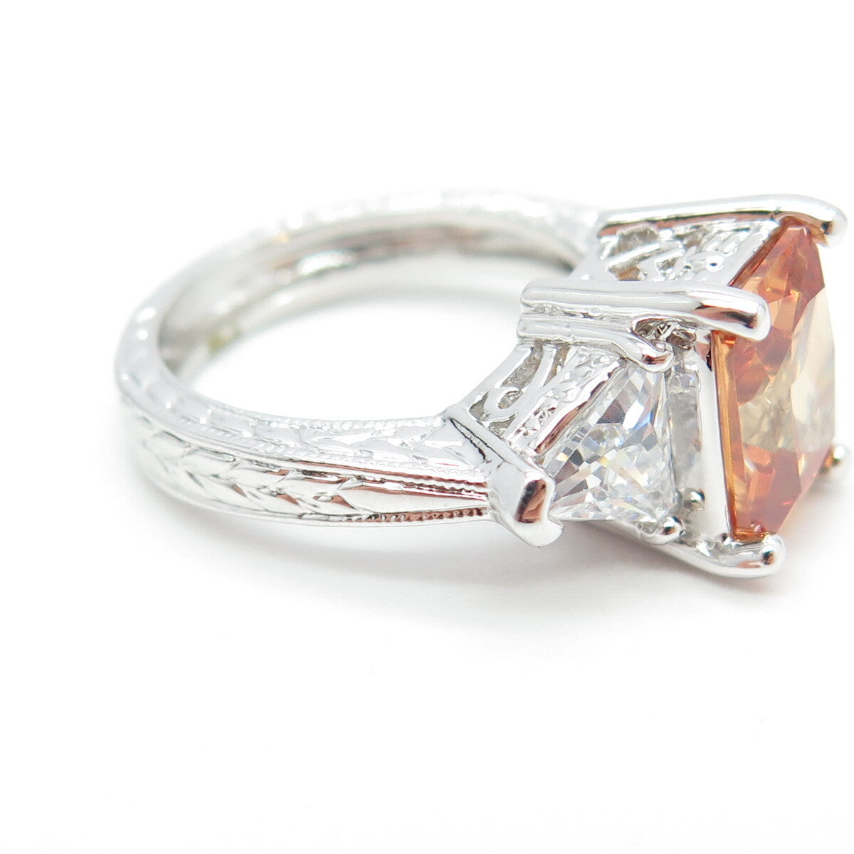 925 Sterling Silver Champagne & White C Z Engagement Ring Size 7