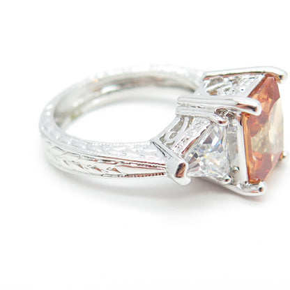 925 Sterling Silver Champagne & White C Z Engagement Ring Size 7