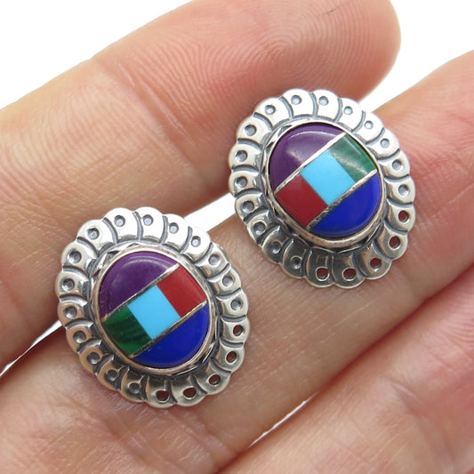 TK EMERSON Old Pawn 925 Sterling Silver Vintage Multi-Color Gem Concho Earrings