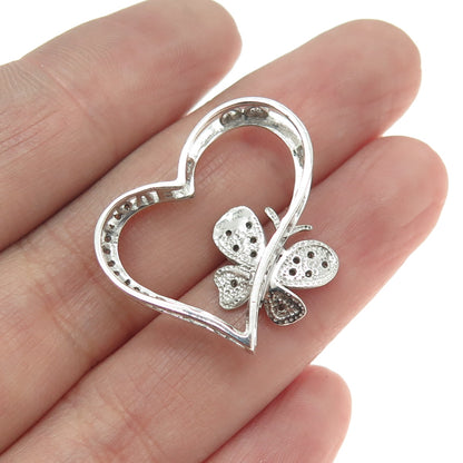 925 Sterling Silver Real Round-Cut Diamond Heart Butterfly Slide Pendant