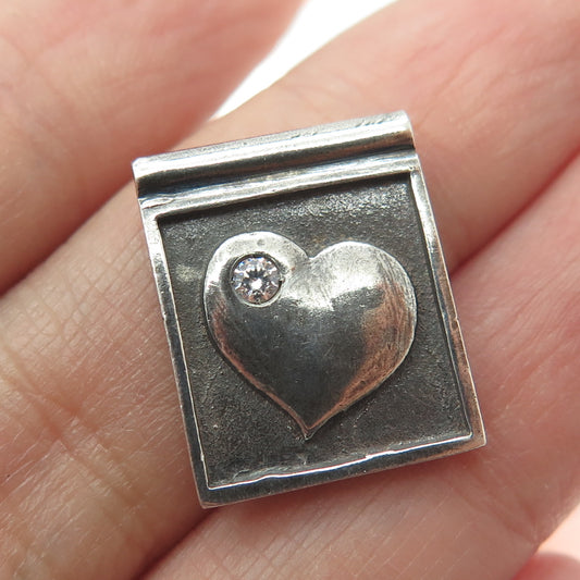 TANYA MOSS 925 Sterling Silver Vintage C Z Heart Slide Oxidized Pendant