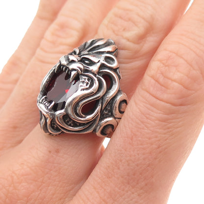 925 Sterling Silver Vintage Real Red Garnet Lion Oxidized Ring Size 9.75