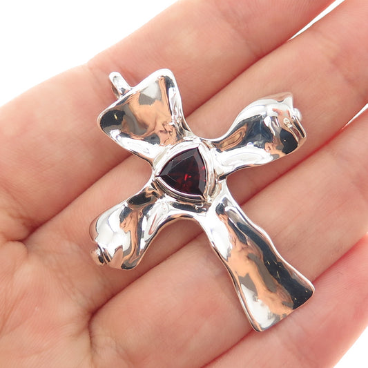 HAGIT GORALI 925 Sterling Silver Vintage Real Red Garnet Modernist Cross Pendant