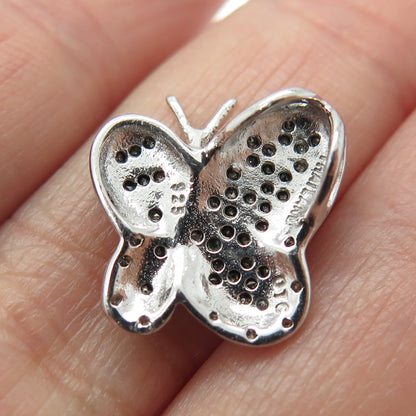 925 Sterling Silver Real Black White Diamond Butterfly Minimalist Slide Pendant