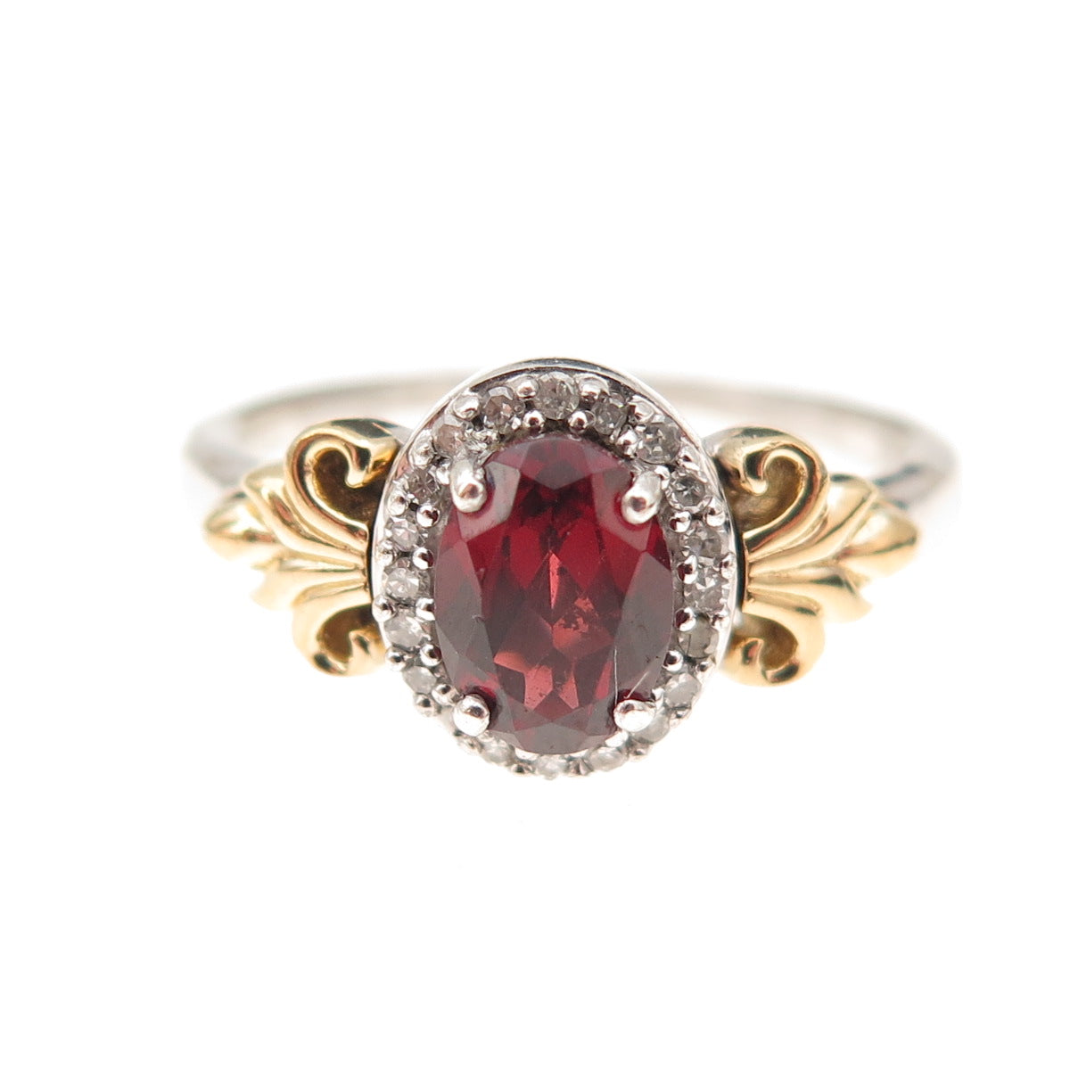 Disney 925 Sterling Silver 2-Tone Real Diamond & Red Garnet Floral Ring Size 7