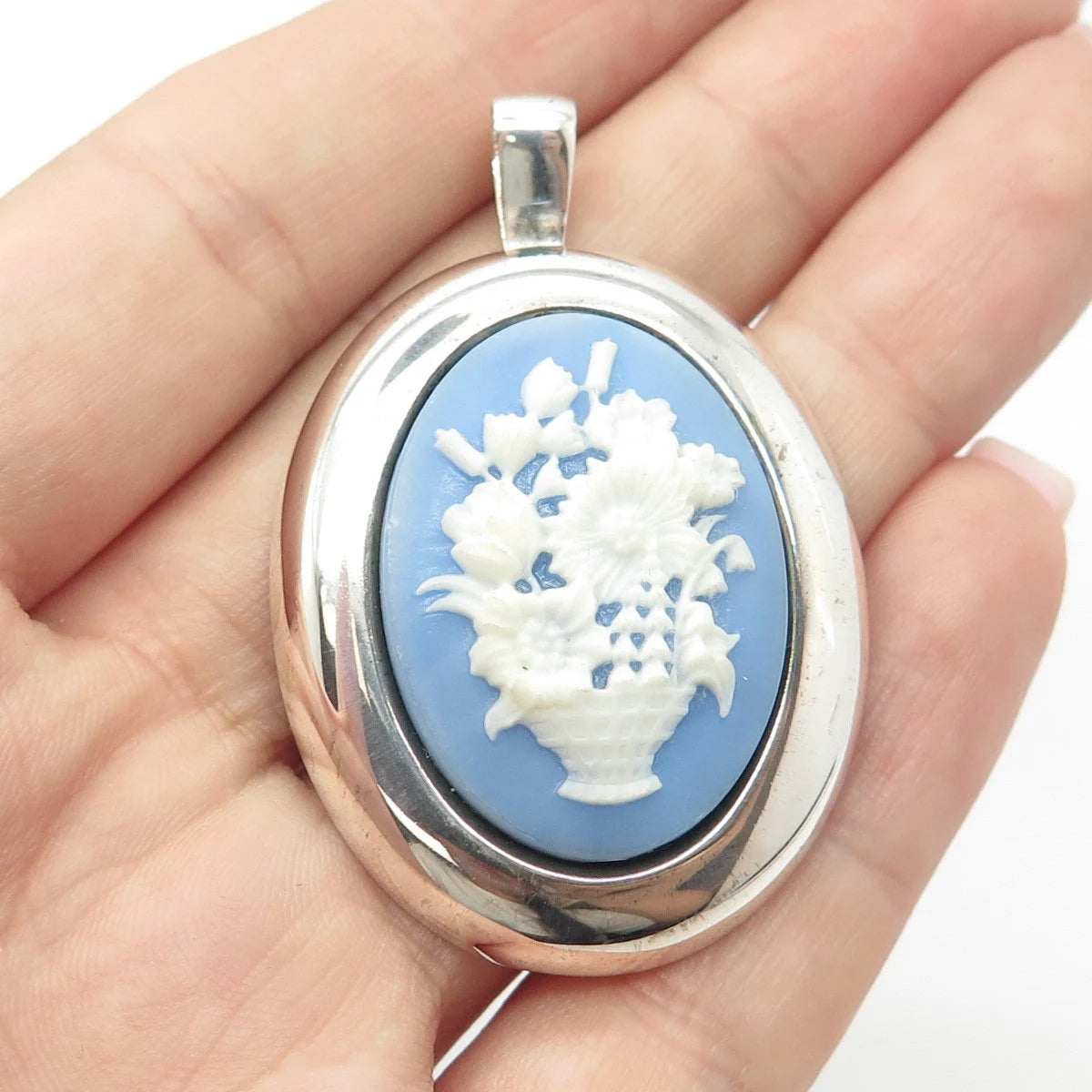 925 Sterling Silver Vintage Italy Milor Ceramic Flower Basket Pendant/Pin Brooch
