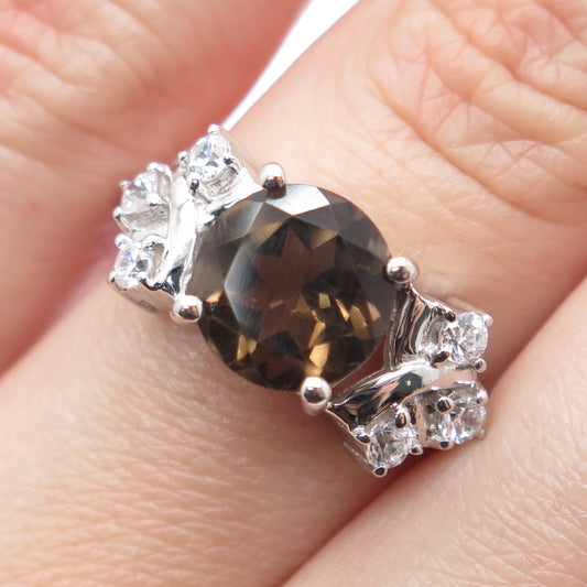 925 Sterling Silver Real Round-Cut Smoky Quartz & C Z Ring Size 7.25