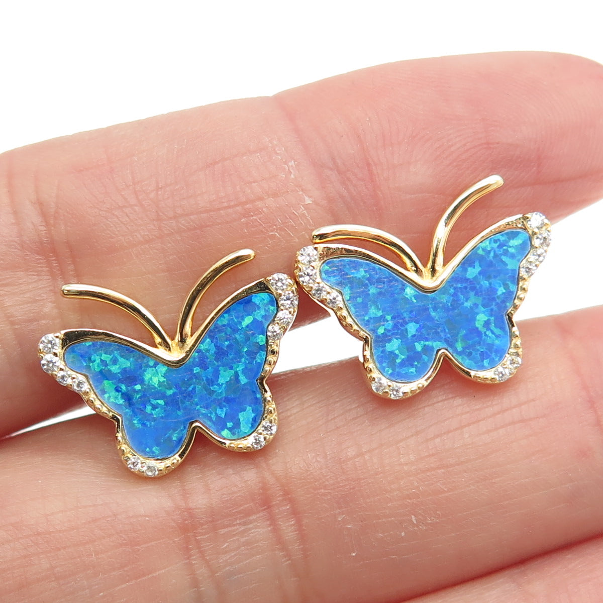 925 Sterling Silver Gold Plated Real Opal Gem Inlay C Z Butterfly Stud Earrings