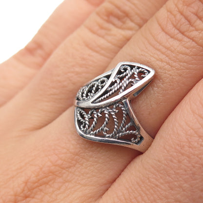 925 Sterling Silver Vintage Modernist Filigree Oxidized Ring Size 7