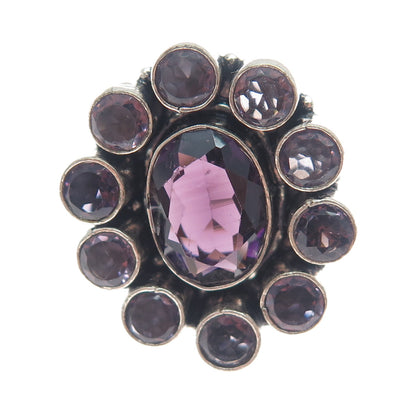 925 Sterling Silver Vintage Real Amethyst Modernist Cluster Ring Size 7.75