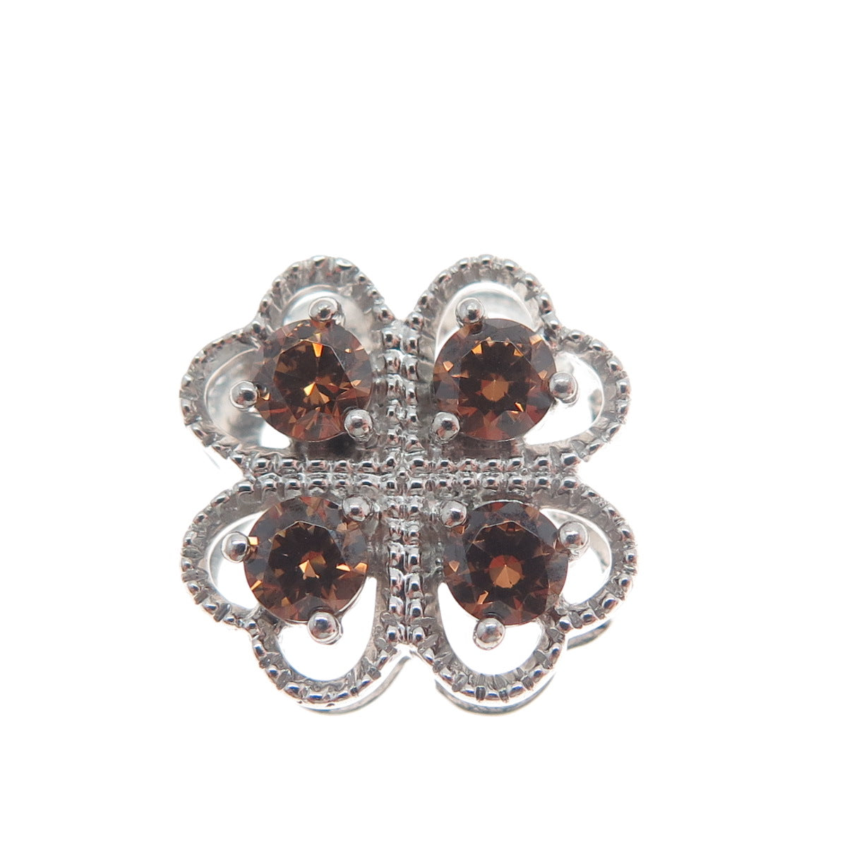 925 Sterling Silver Cognac Round-Cut Shaped C Z Clover Flower Slide Pendant