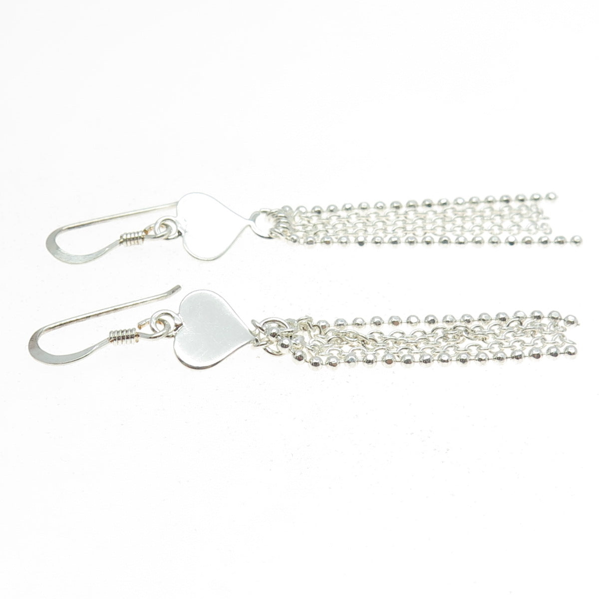 925 Sterling Silver Heart Tassel Drop Chain Earrings