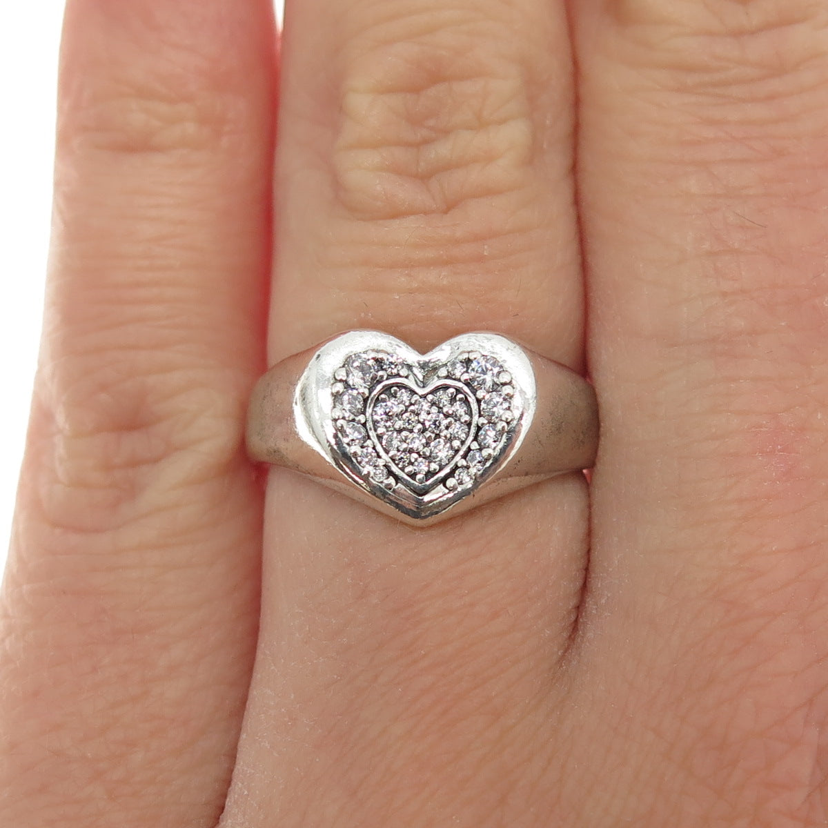 PANDORA 925 Sterling Silver Round-Cut C Z Heart Ring Size 6