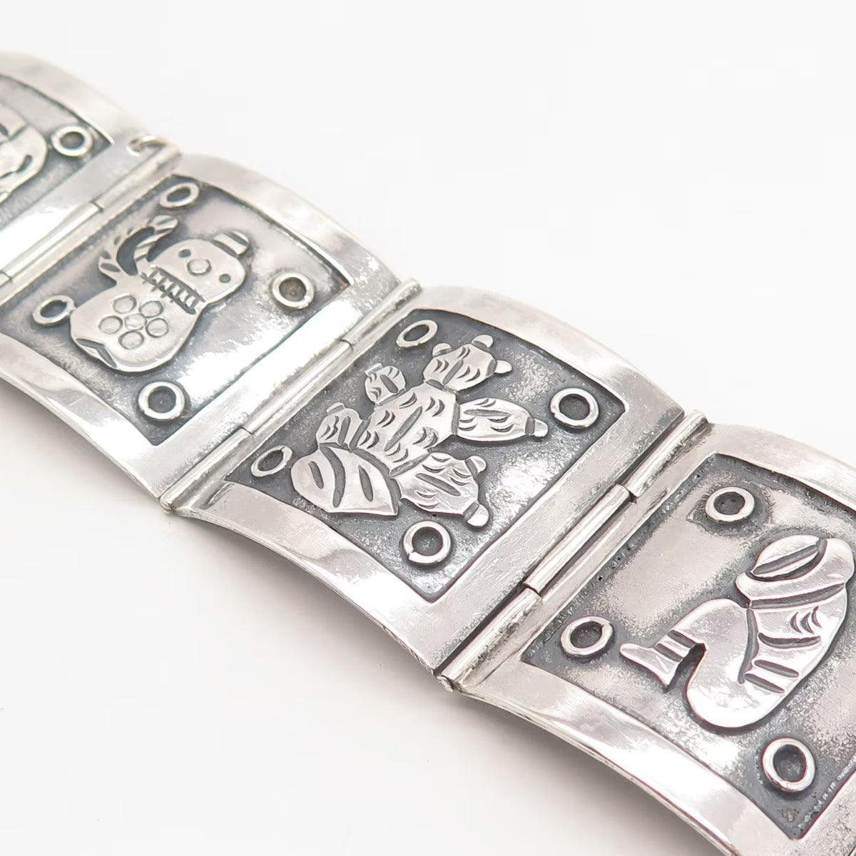 925 Sterling Silver Vintage Mexican Storyteller Wide Panel Link Bracelet 7.25"
