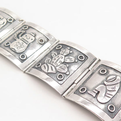 925 Sterling Silver Vintage Mexican Storyteller Wide Panel Link Bracelet 7.25"