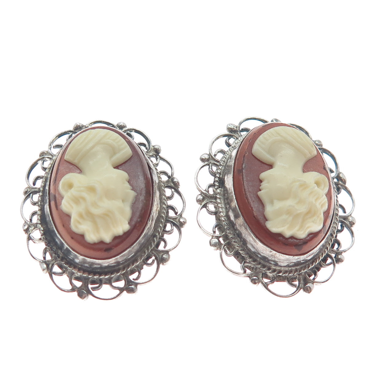 925 Sterling Silver Vintage Mexico Guadalajara Cameo Victorian Lady Earrings
