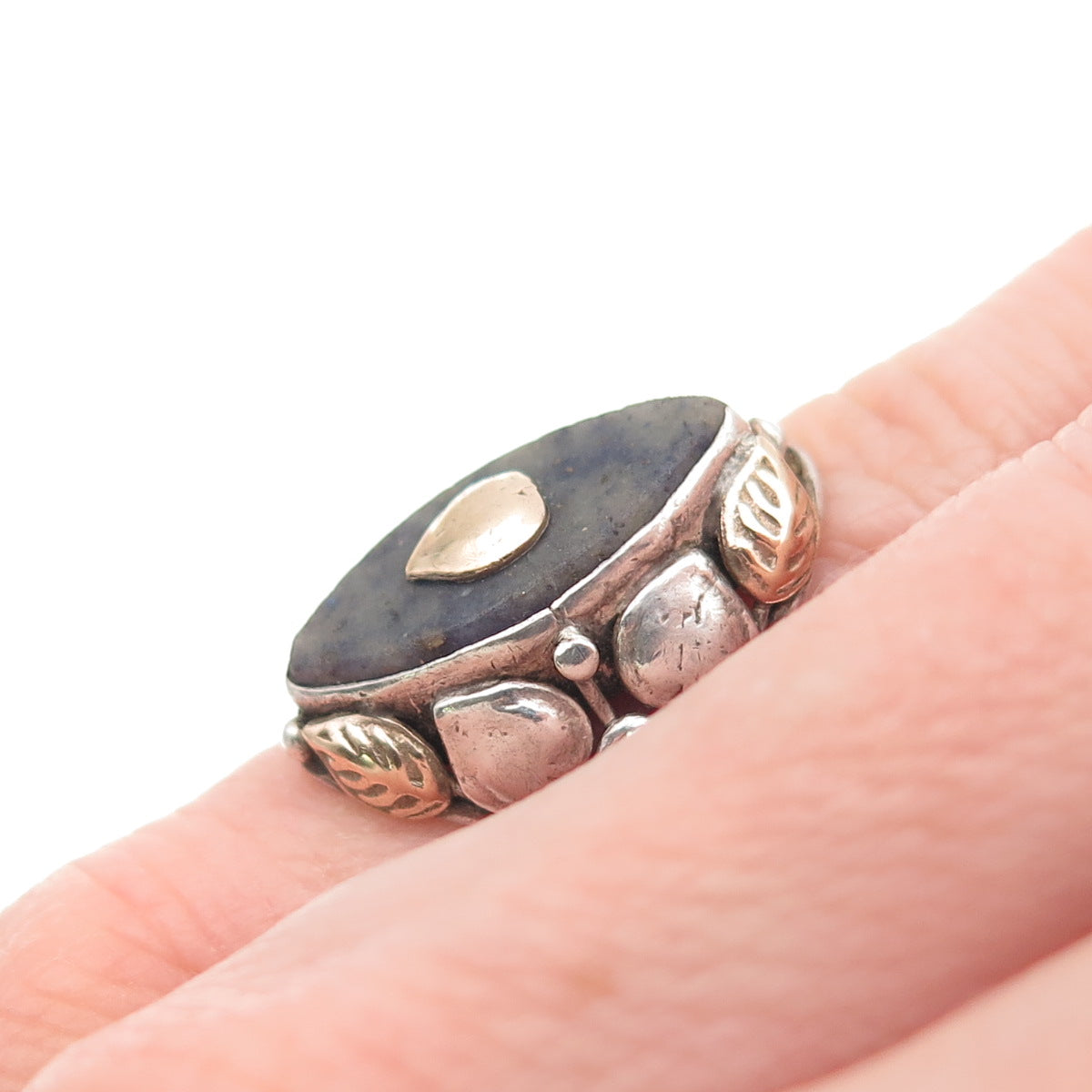 925 Sterling Silver & Gold Antique Victorian Real Lapis Heart Ring Size 2.25