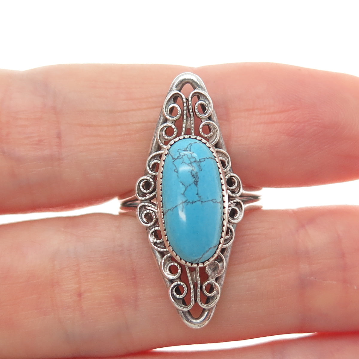 BEAU Sterling Silver Antique Tyrone Turquoise Filigree Adjustable Ring Size 6