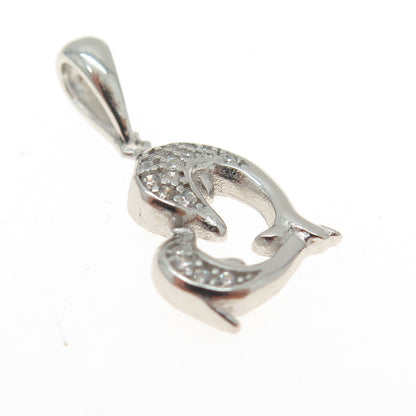 925 Sterling Silver Round-Cut Shaped C Z Couple of Dolphins Heart Pendant